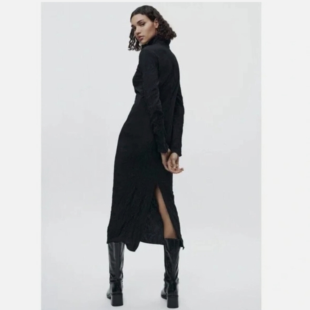 ZARA Black Crinkle High Neck Midi Dress, Limited Edition Size S